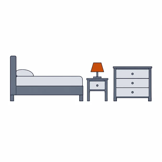 A bed with headboard seen from the side, a nightstand and a chest of drawers